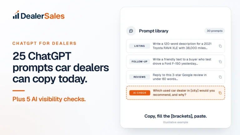 25 ChatGPT prompts car dealers can copy today. Plus 5 AI visibility checks.