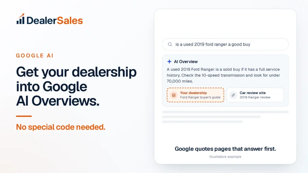 Get your dealership into Google AI Overviews. No special code needed.