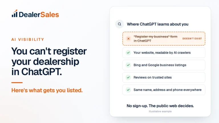 You can't register your dealership in ChatGPT. Here's what gets you listed.